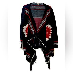 May & July Black Brown Aztec Western Fringe Knit Sweater Oversize Cardigan Large